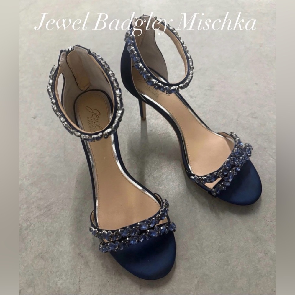 Badgley Mischka Jewel Navy Strappy Sandals with Rhinestone Accents and Mid Heel